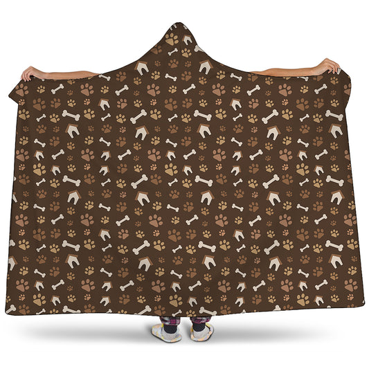 Brown Paw And Bone Pattern Print Hooded Blanket