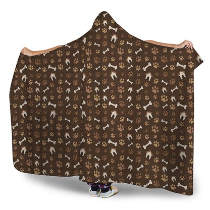Brown Paw And Bone Pattern Print Hooded Blanket