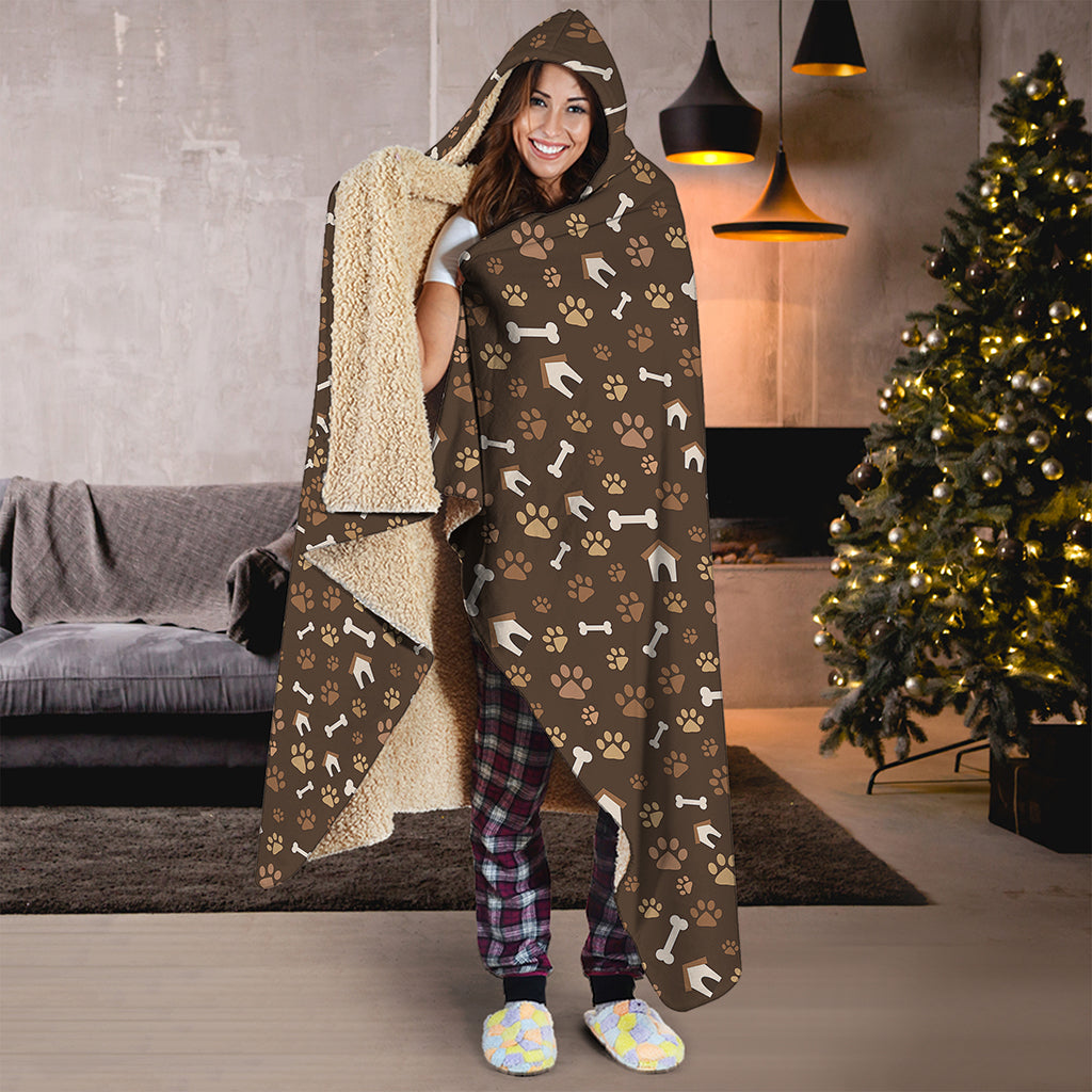 Brown Paw And Bone Pattern Print Hooded Blanket