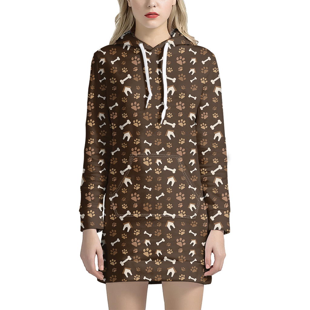 Brown Paw And Bone Pattern Print Hoodie Dress
