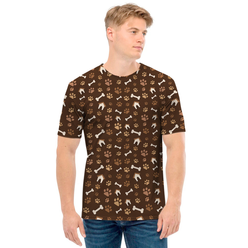 Brown Paw And Bone Pattern Print Men's T-Shirt