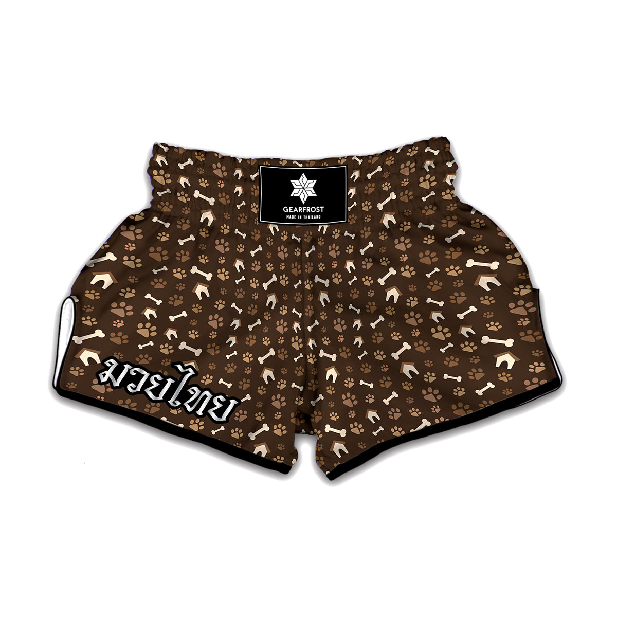 Brown Paw And Bone Pattern Print Muay Thai Boxing Shorts