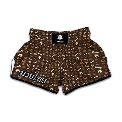 Brown Paw And Bone Pattern Print Muay Thai Boxing Shorts