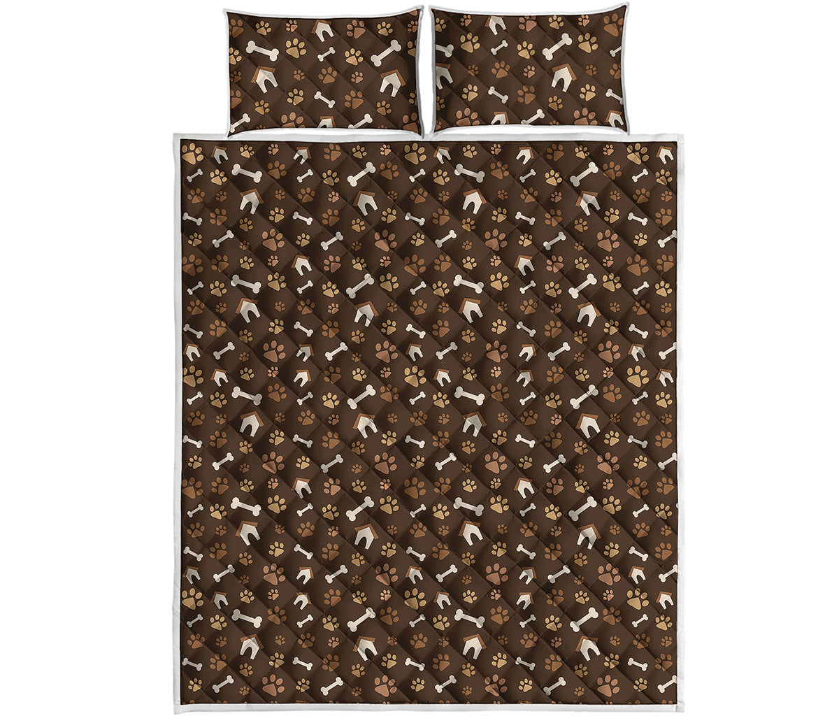Brown Paw And Bone Pattern Print Quilt Bed Set