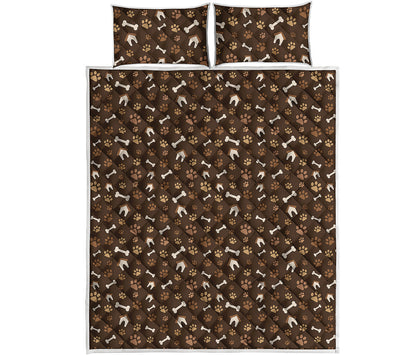 Brown Paw And Bone Pattern Print Quilt Bed Set