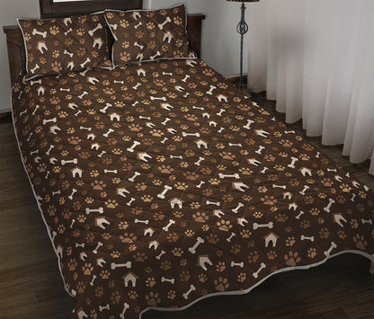 Brown Paw And Bone Pattern Print Quilt Bed Set