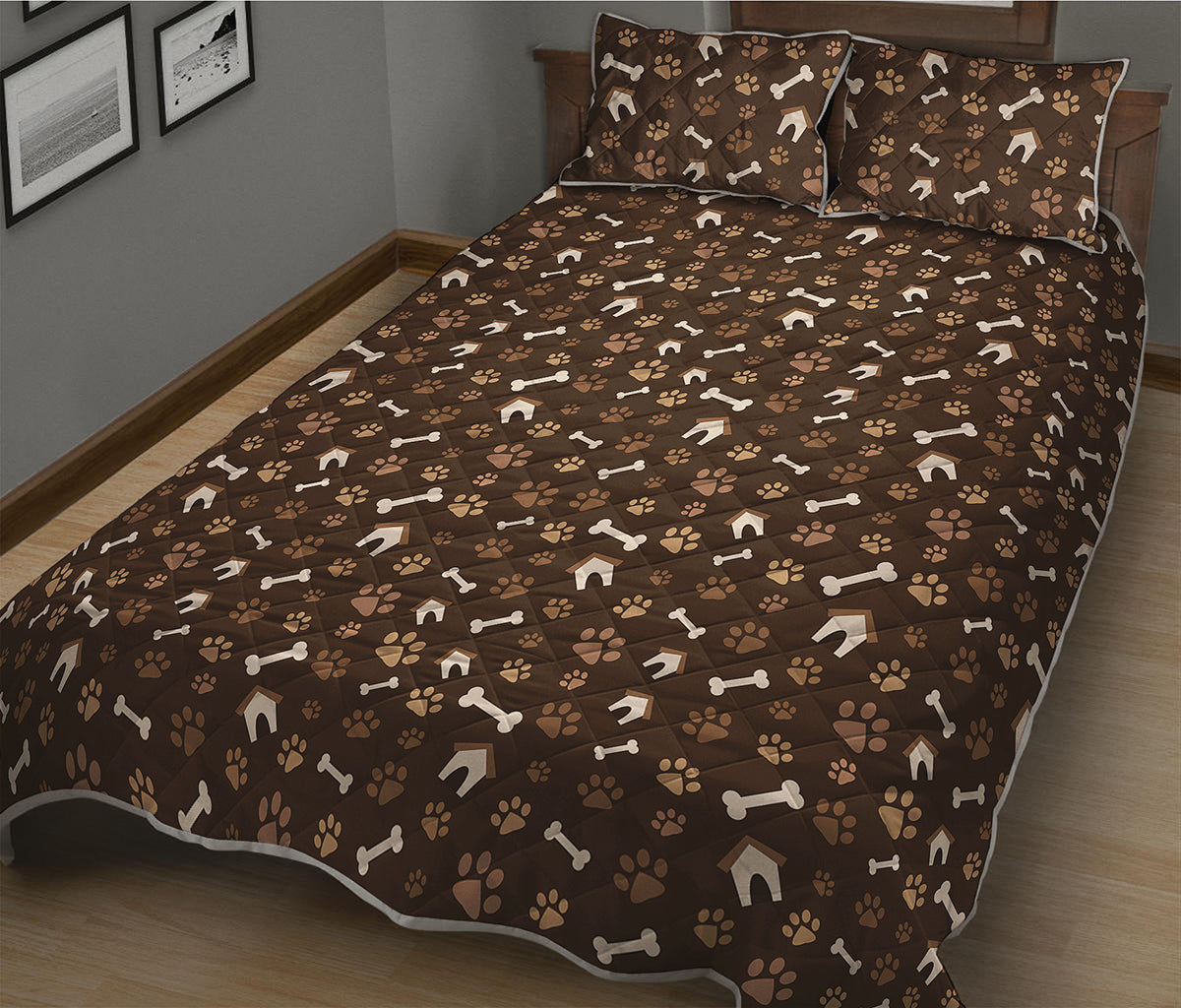 Brown Paw And Bone Pattern Print Quilt Bed Set