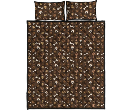 Brown Paw And Bone Pattern Print Quilt Bed Set