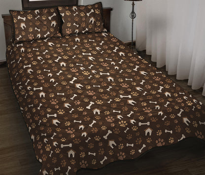 Brown Paw And Bone Pattern Print Quilt Bed Set