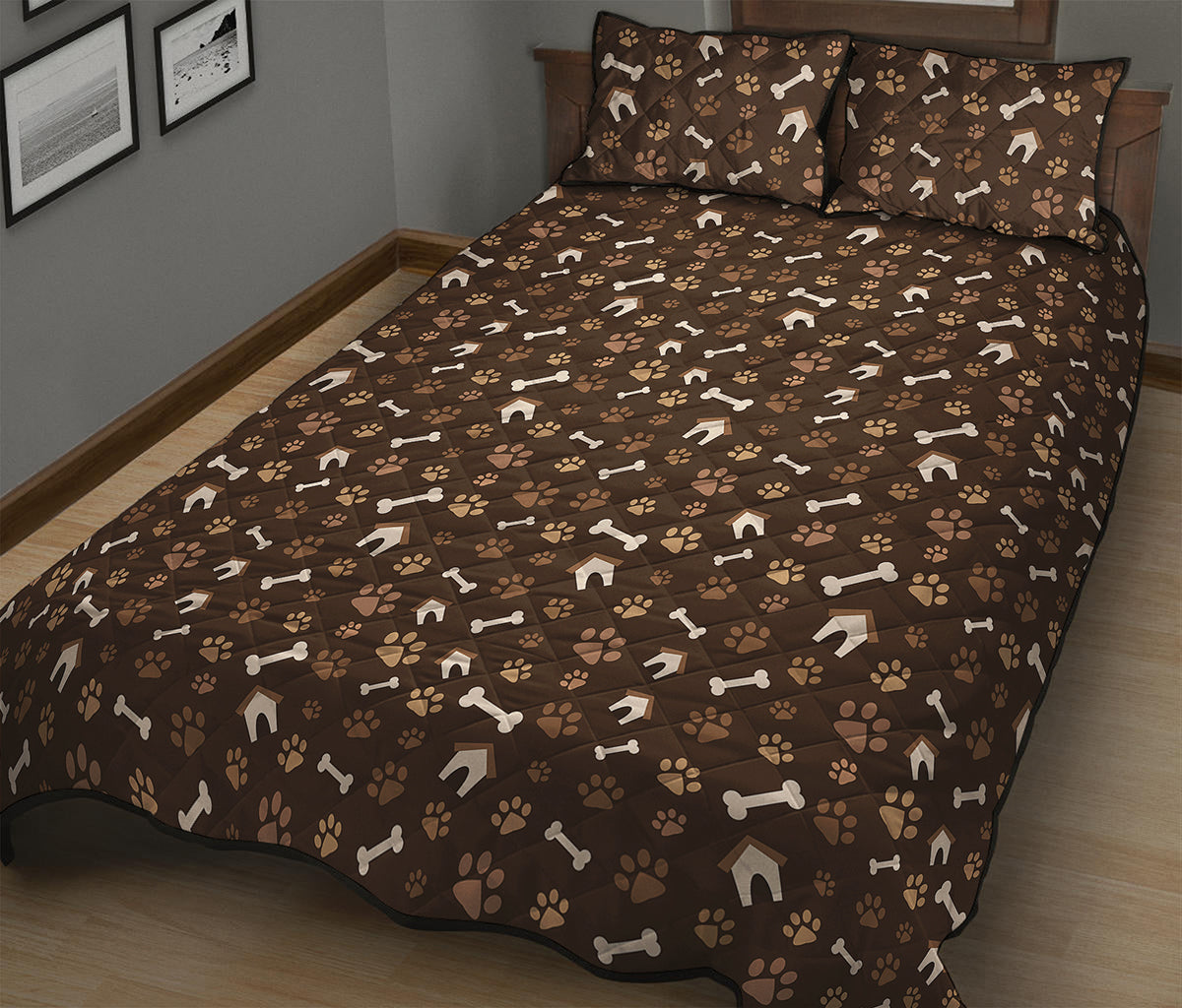 Brown Paw And Bone Pattern Print Quilt Bed Set