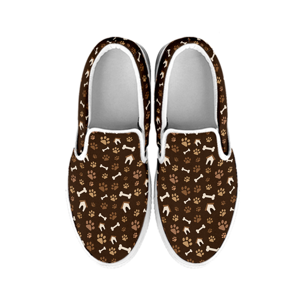 Brown Paw And Bone Pattern Print White Slip On Shoes