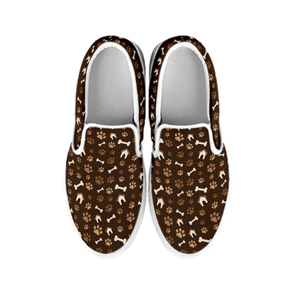 Brown Paw And Bone Pattern Print White Slip On Shoes