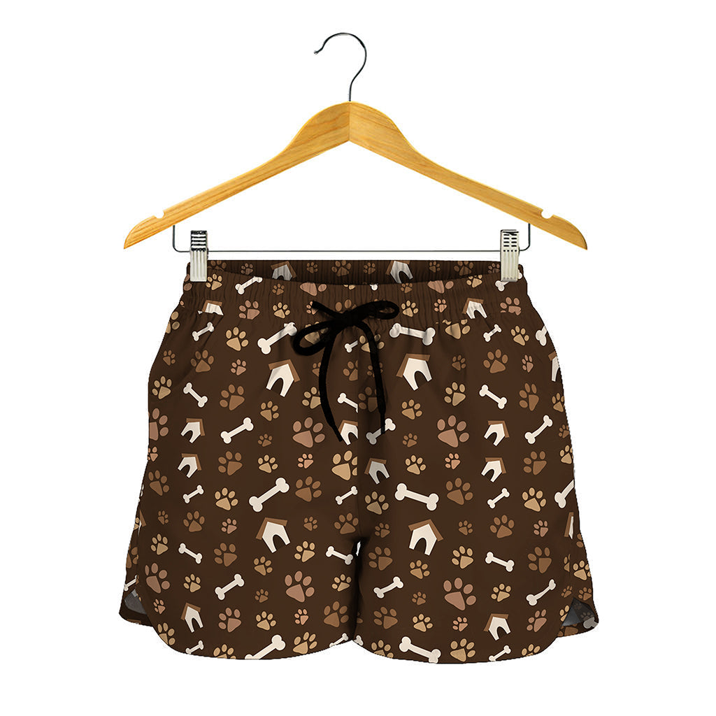 Brown Paw And Bone Pattern Print Women's Shorts