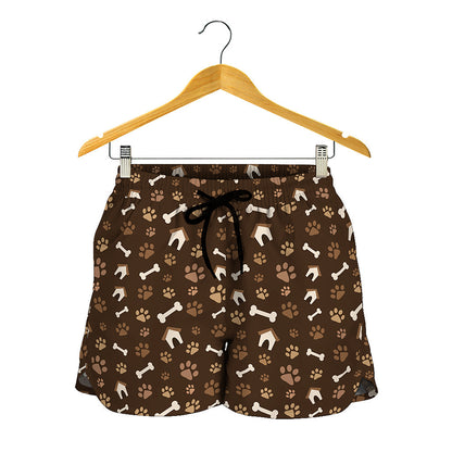 Brown Paw And Bone Pattern Print Women's Shorts