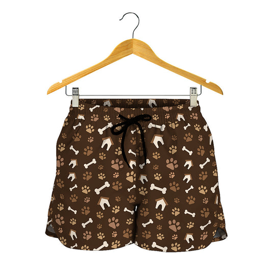 Brown Paw And Bone Pattern Print Women's Shorts