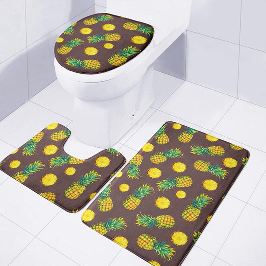 Brown Pineapple Pattern Print 3 Piece Bath Mat Set