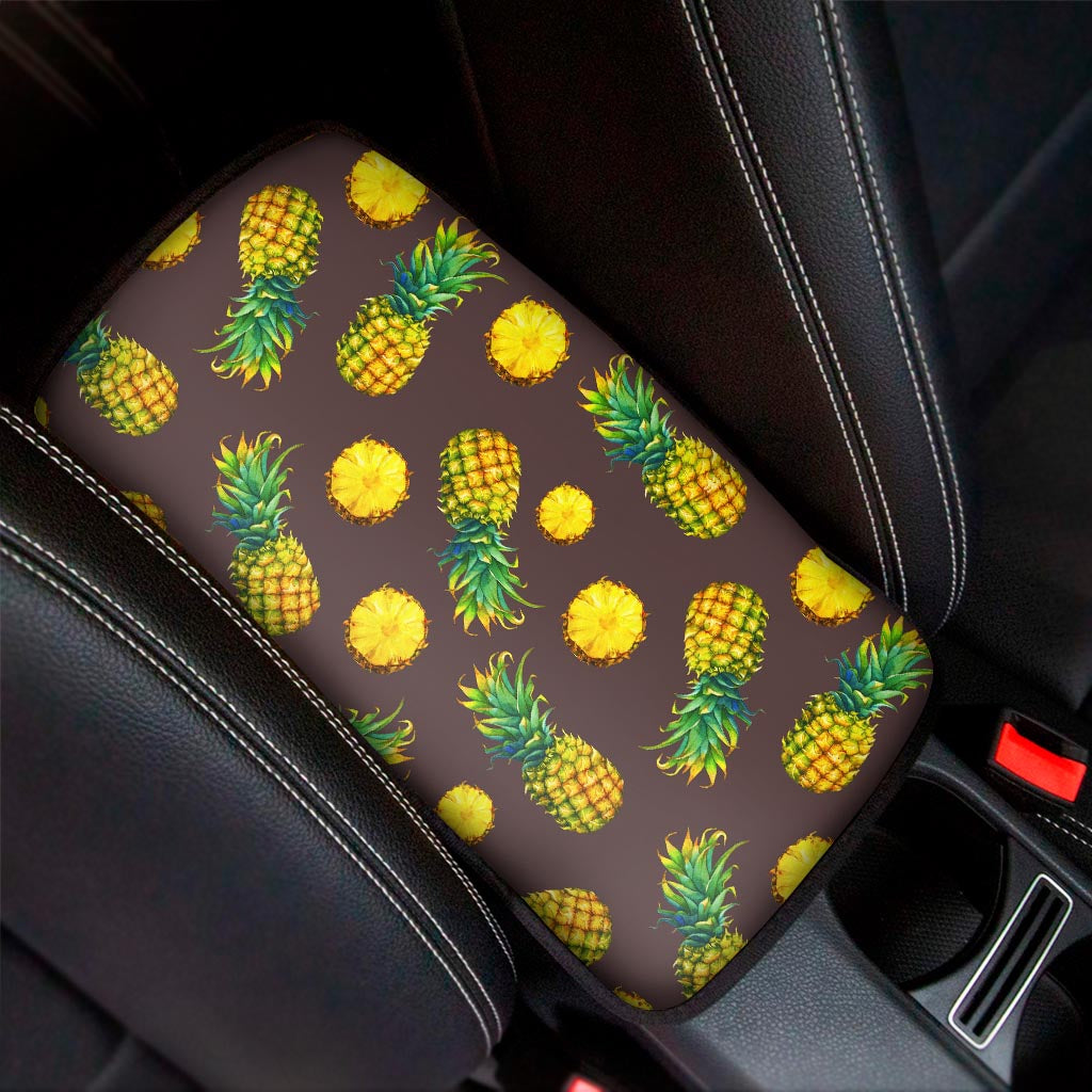 Brown Pineapple Pattern Print Car Center Console Cover