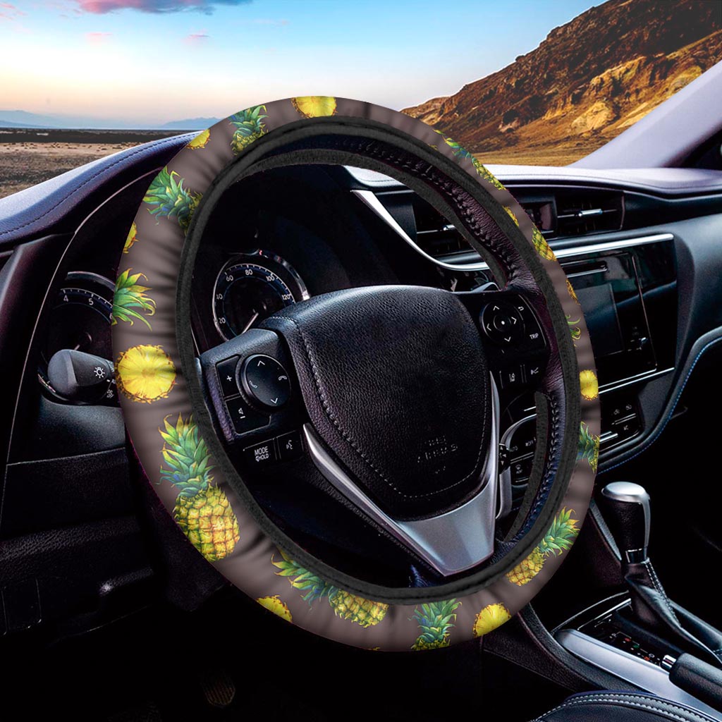 Brown Pineapple Pattern Print Car Steering Wheel Cover