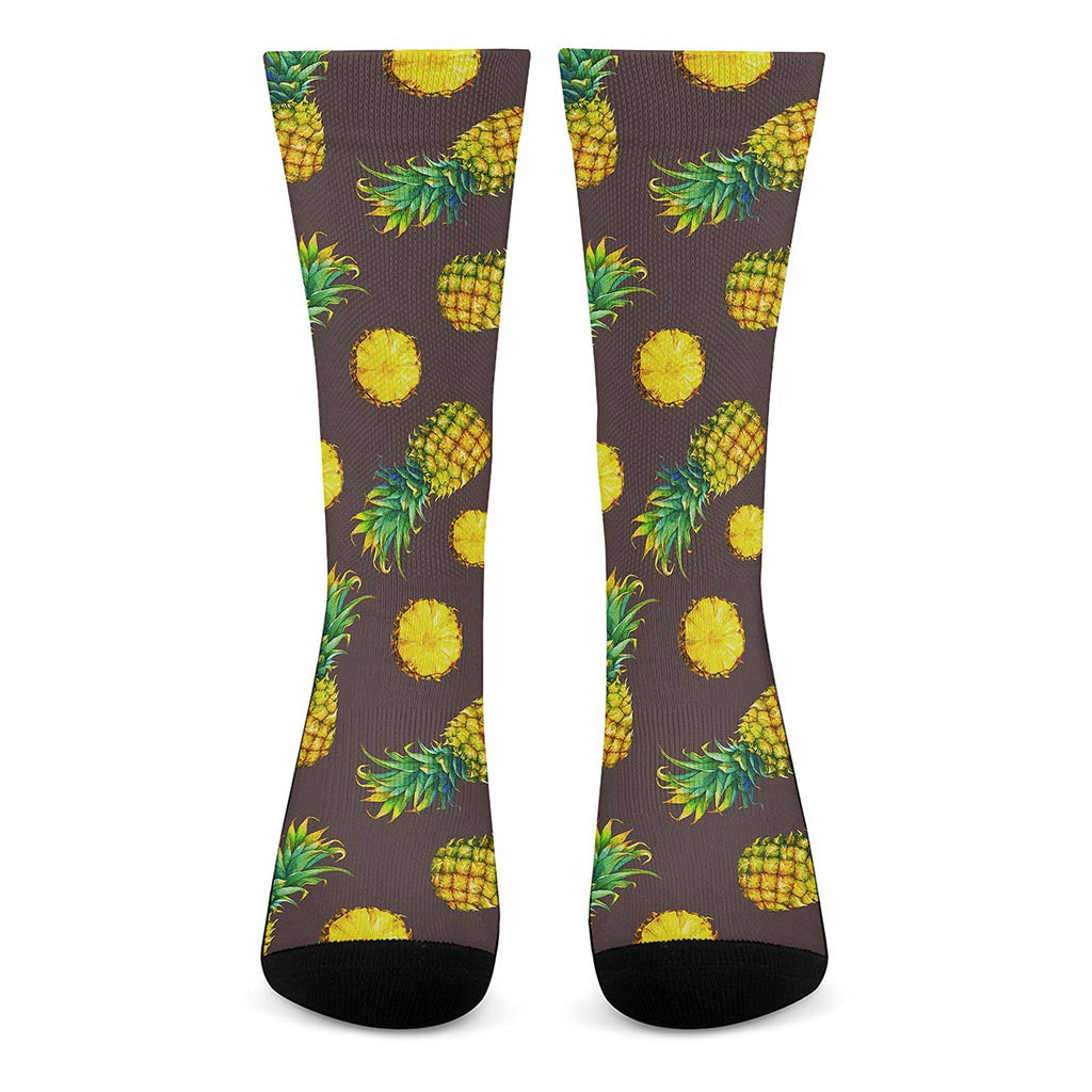 Brown Pineapple Pattern Print Crew Socks