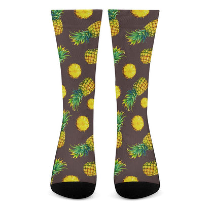 Brown Pineapple Pattern Print Crew Socks