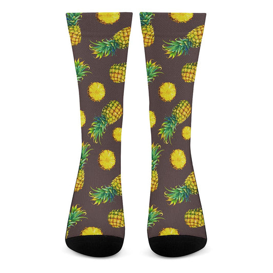 Brown Pineapple Pattern Print Crew Socks