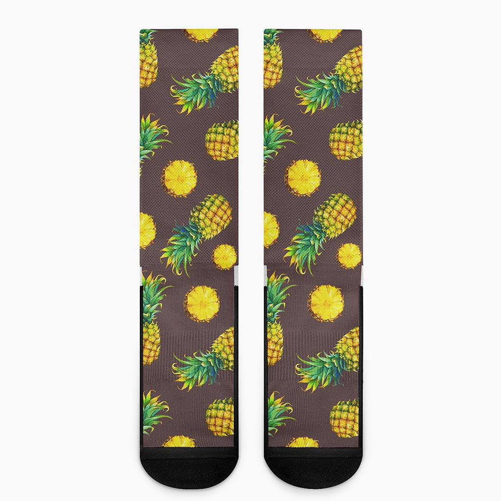 Brown Pineapple Pattern Print Crew Socks