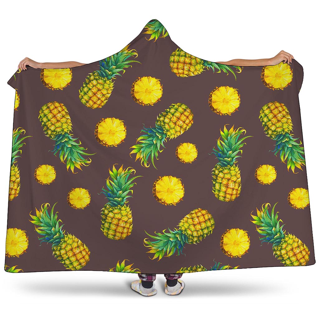 Brown Pineapple Pattern Print Hooded Blanket