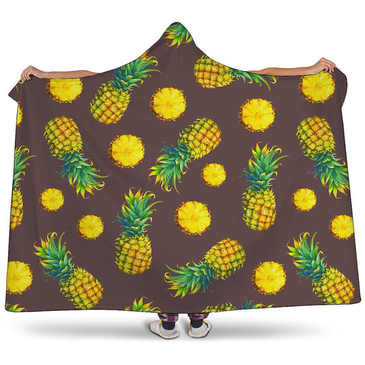 Brown Pineapple Pattern Print Hooded Blanket