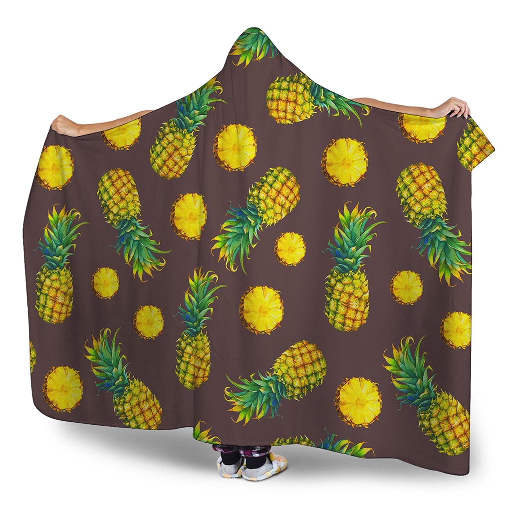 Brown Pineapple Pattern Print Hooded Blanket