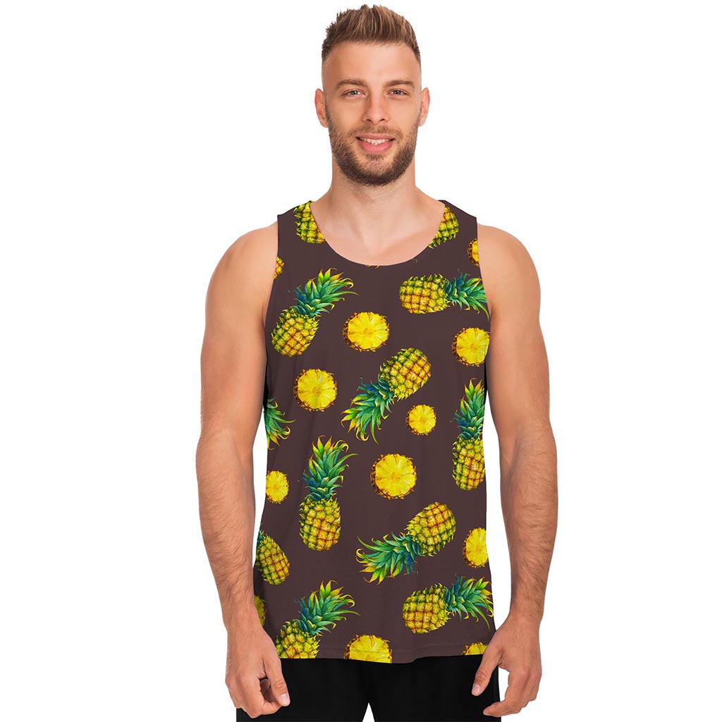 Brown Pineapple Pattern Print Men's Tank Top