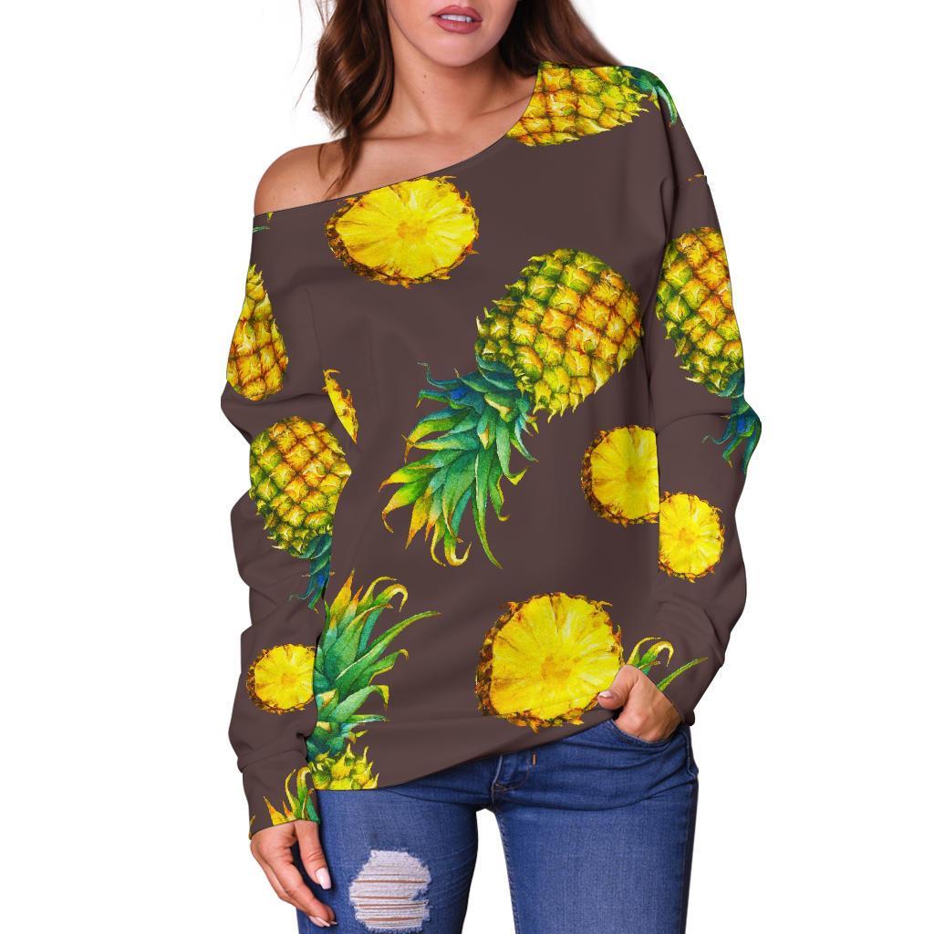 Brown Pineapple Pattern Print Off Shoulder Sweatshirt GearFrost