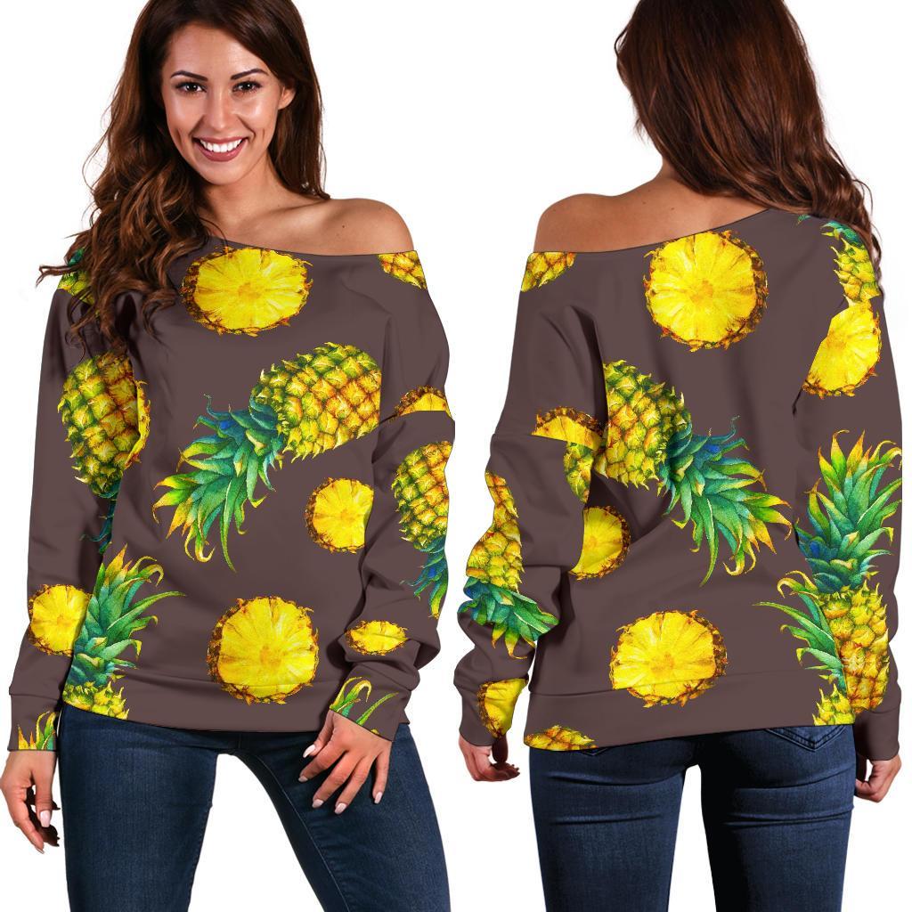 Brown Pineapple Pattern Print Off Shoulder Sweatshirt GearFrost