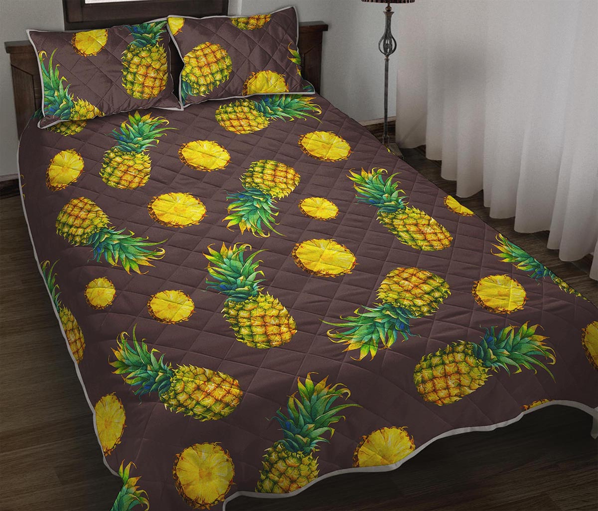 Brown Pineapple Pattern Print Quilt Bed Set