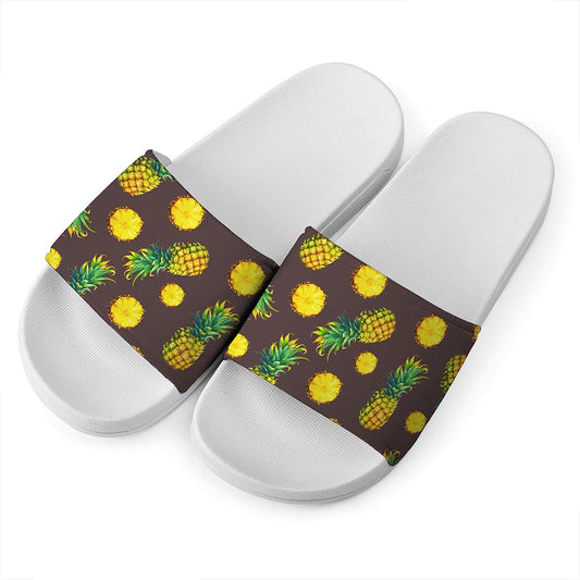 Brown Pineapple Pattern Print White Slide Sandals