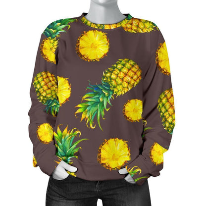 Brown Pineapple Pattern Print Women's Crewneck Sweatshirt GearFrost
