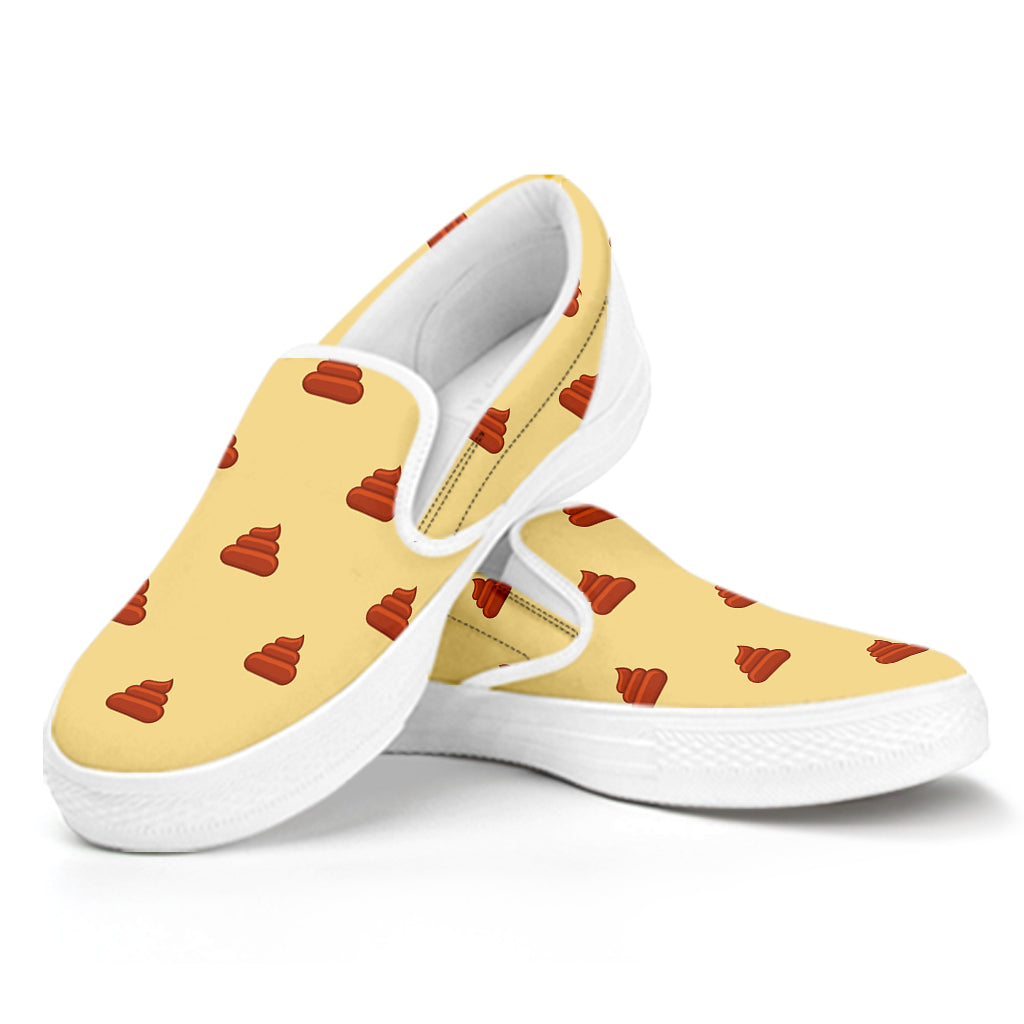 Brown Poop Pattern Print White Slip On Shoes