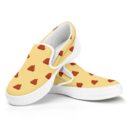 Brown Poop Pattern Print White Slip On Shoes