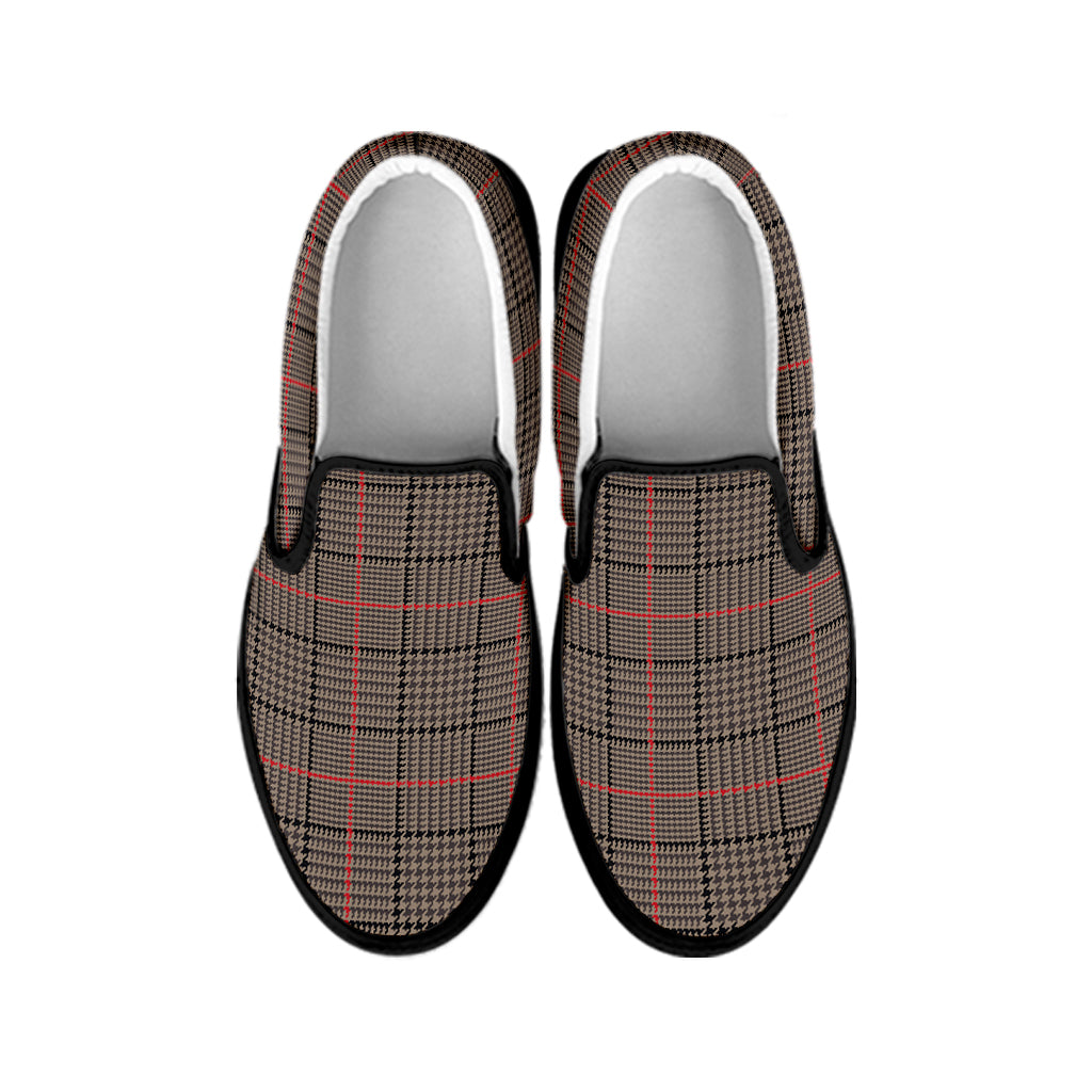 Brown Prince of Wales Check Print Black Slip On Shoes