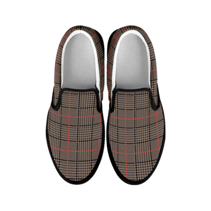 Brown Prince of Wales Check Print Black Slip On Shoes
