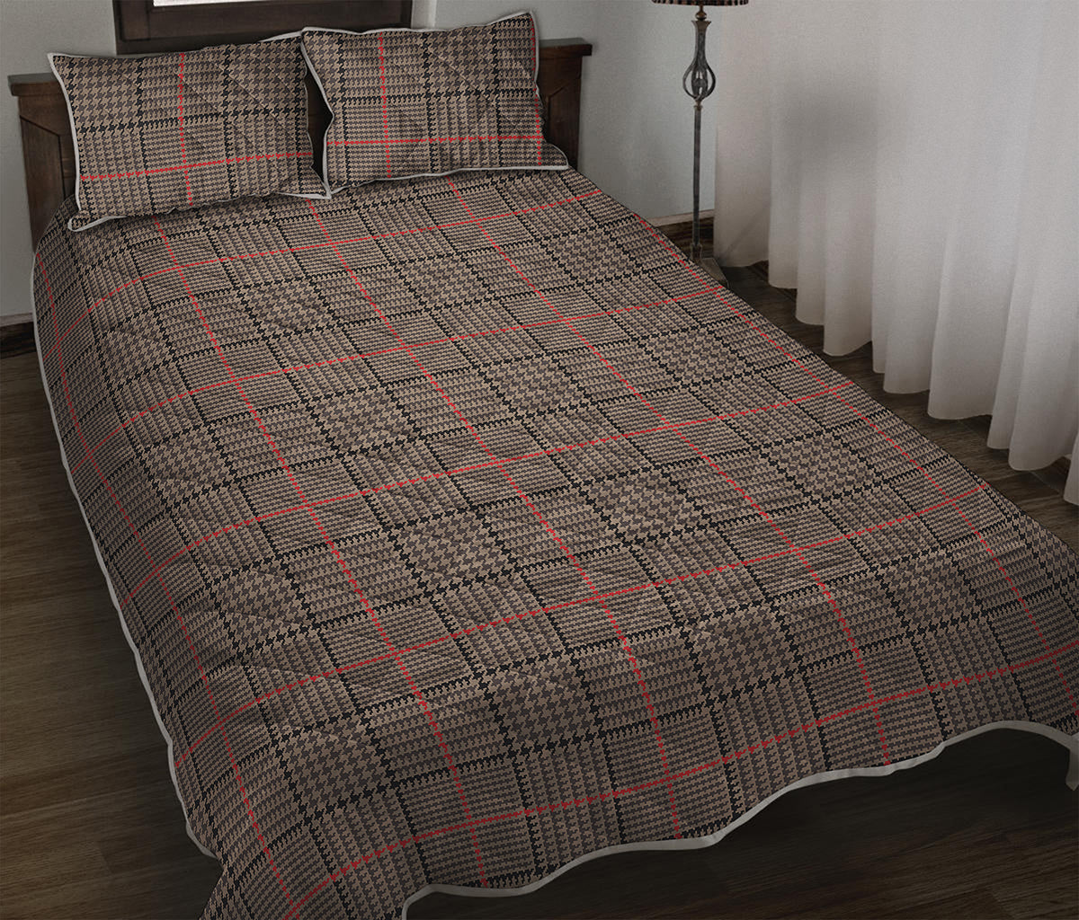 Brown Prince of Wales Check Print Quilt Bed Set
