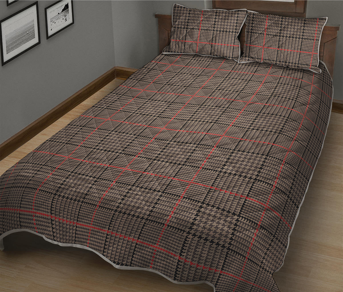 Brown Prince of Wales Check Print Quilt Bed Set