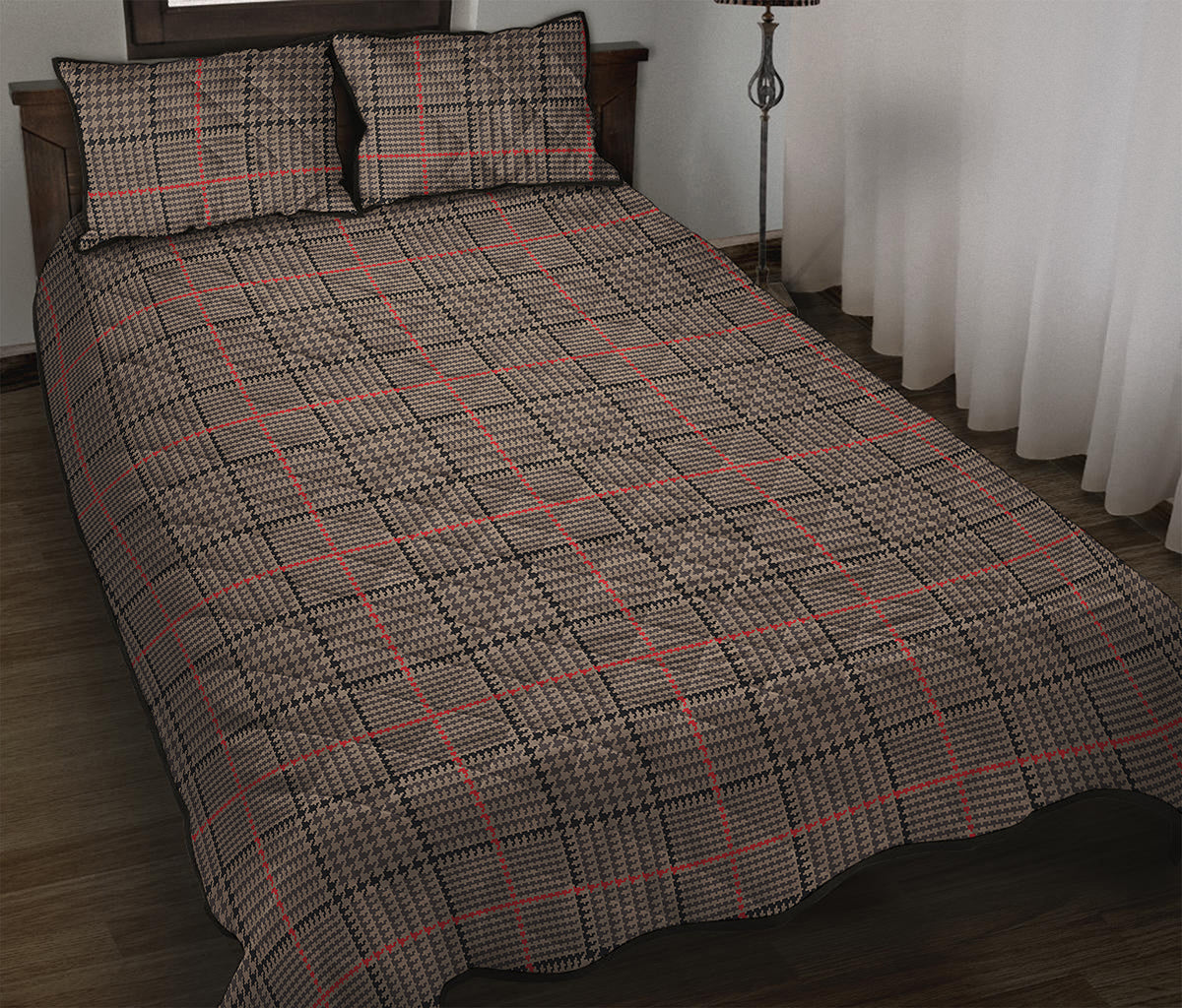 Brown Prince of Wales Check Print Quilt Bed Set