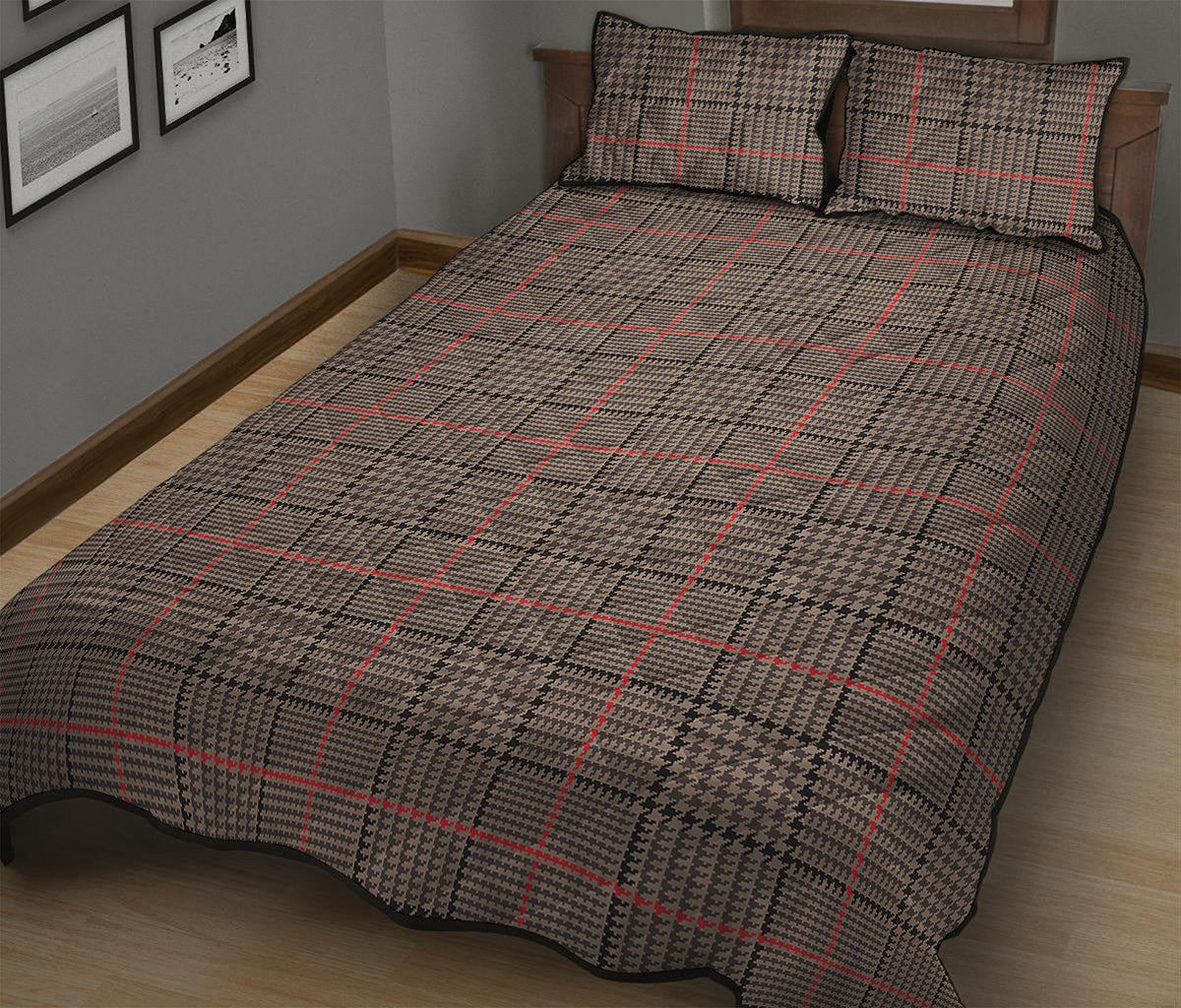 Brown Prince of Wales Check Print Quilt Bed Set