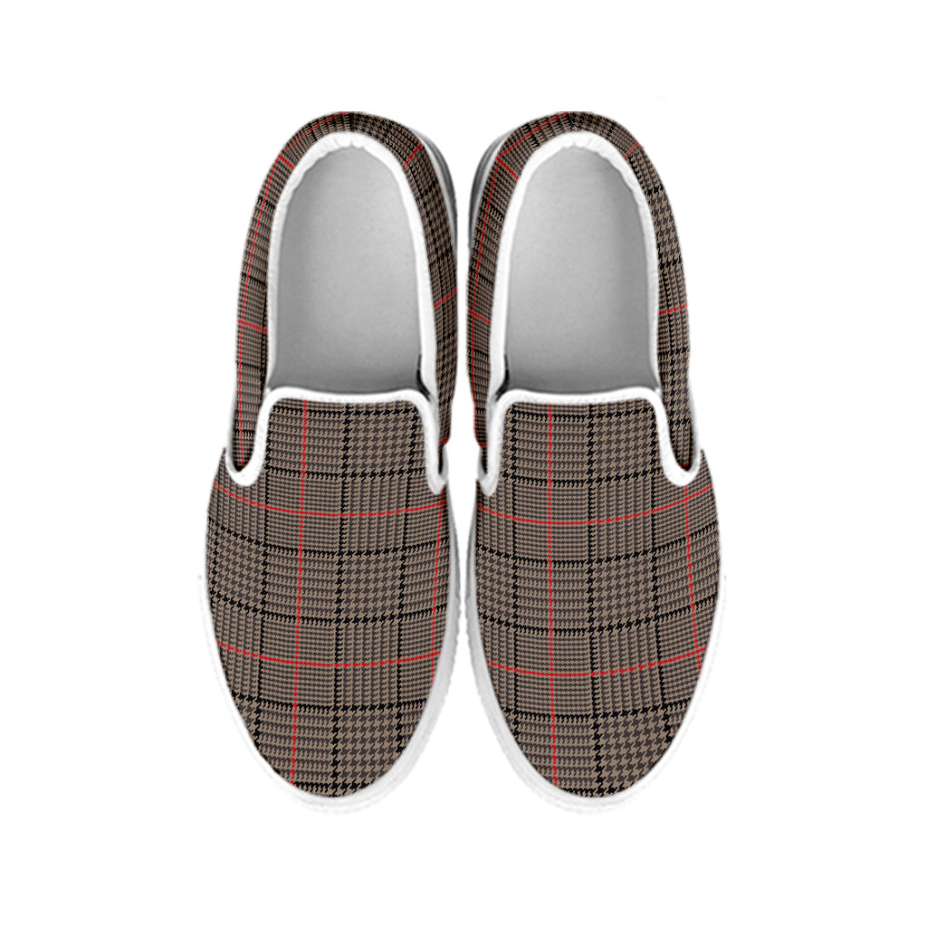 Brown Prince of Wales Check Print White Slip On Shoes