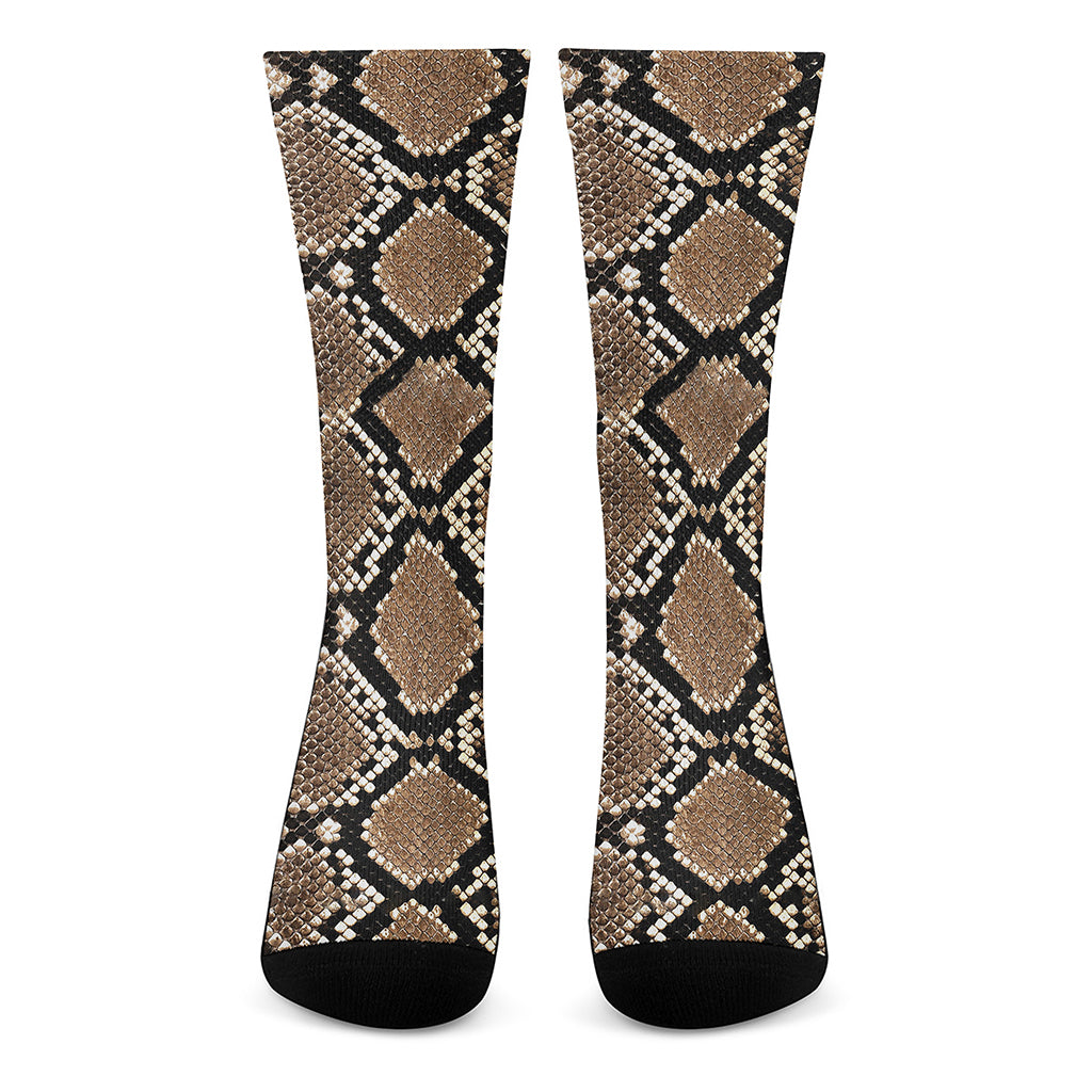 Brown Python Snakeskin Print Crew Socks