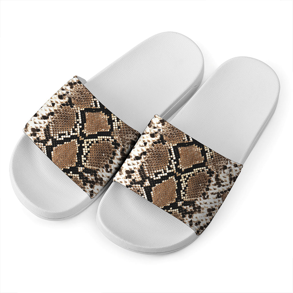 Brown Python Snakeskin Print White Slide Sandals
