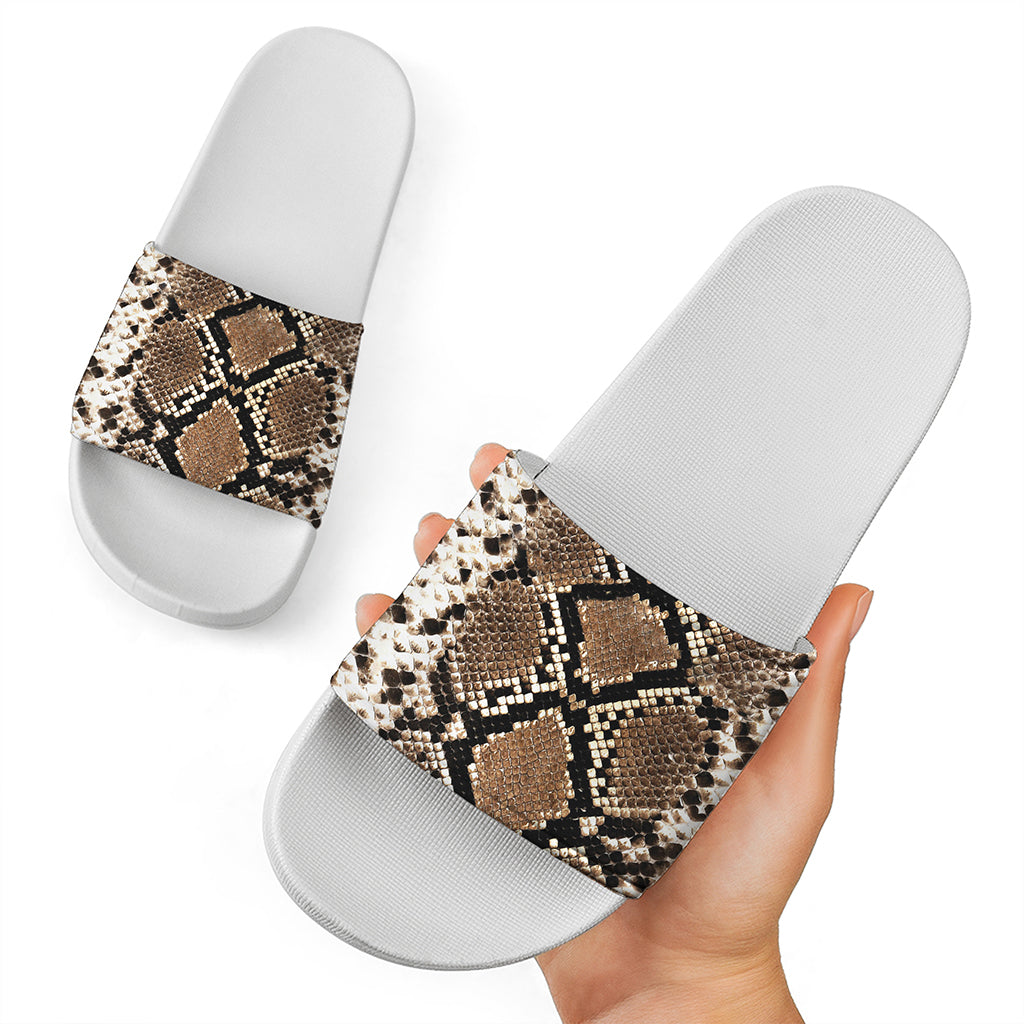 Brown Python Snakeskin Print White Slide Sandals