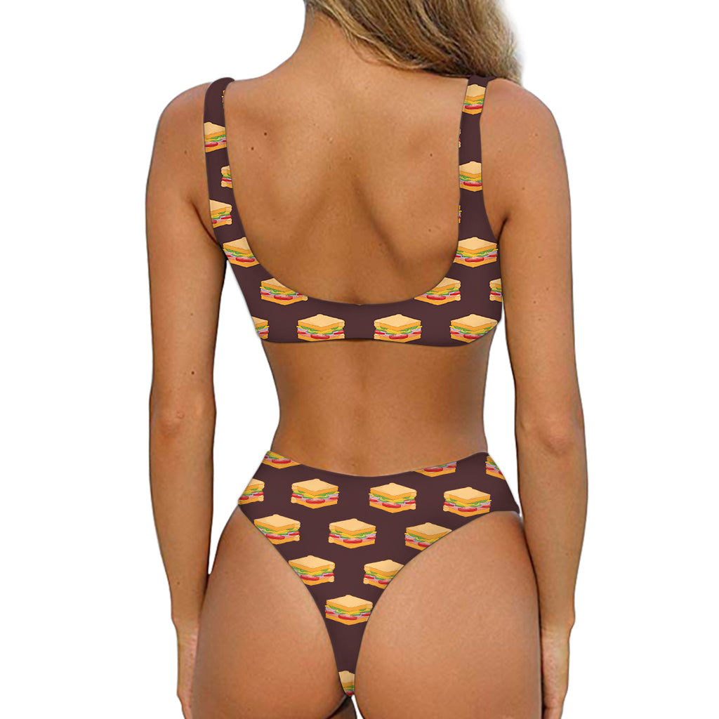 Brown Sandwiches Pattern Print Front Bow Tie Bikini