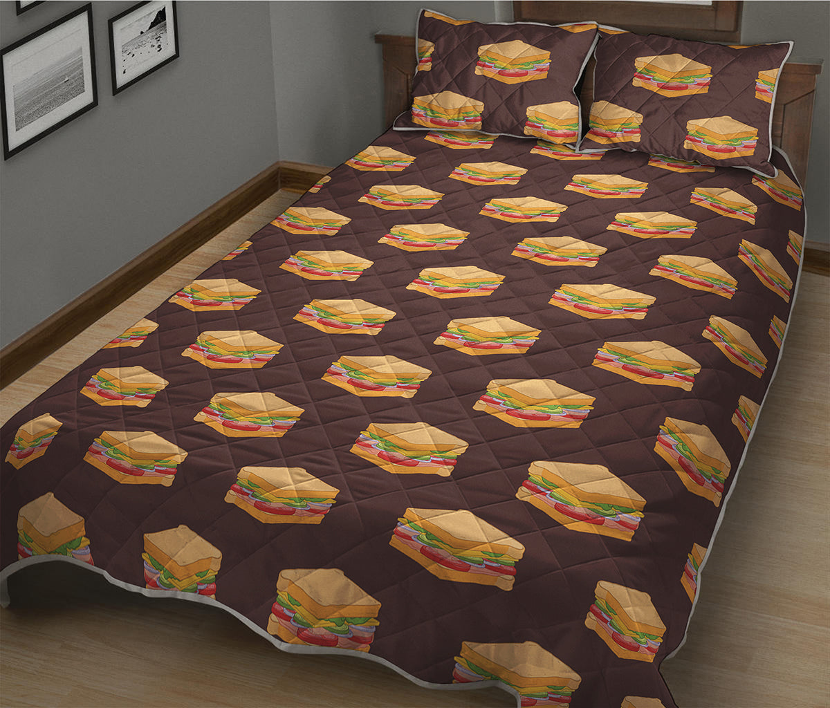 Brown Sandwiches Pattern Print Quilt Bed Set