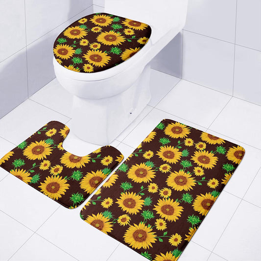 Brown Sunflower Pattern Print 3 Piece Bath Mat Set